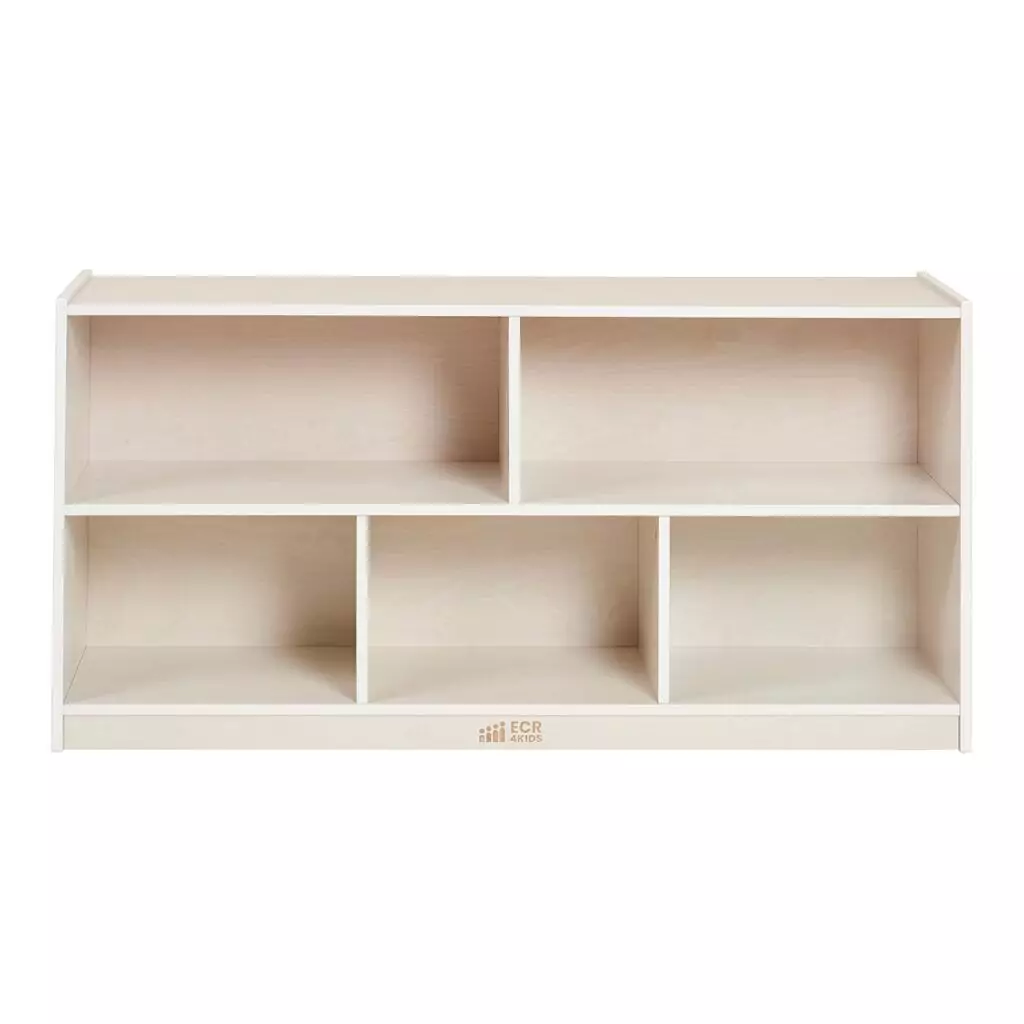 Mobile classroom organization with ECR4Kids 5-compartment shelving. 24-inch white wash cabinet ideal for efficient educational storage solutions.