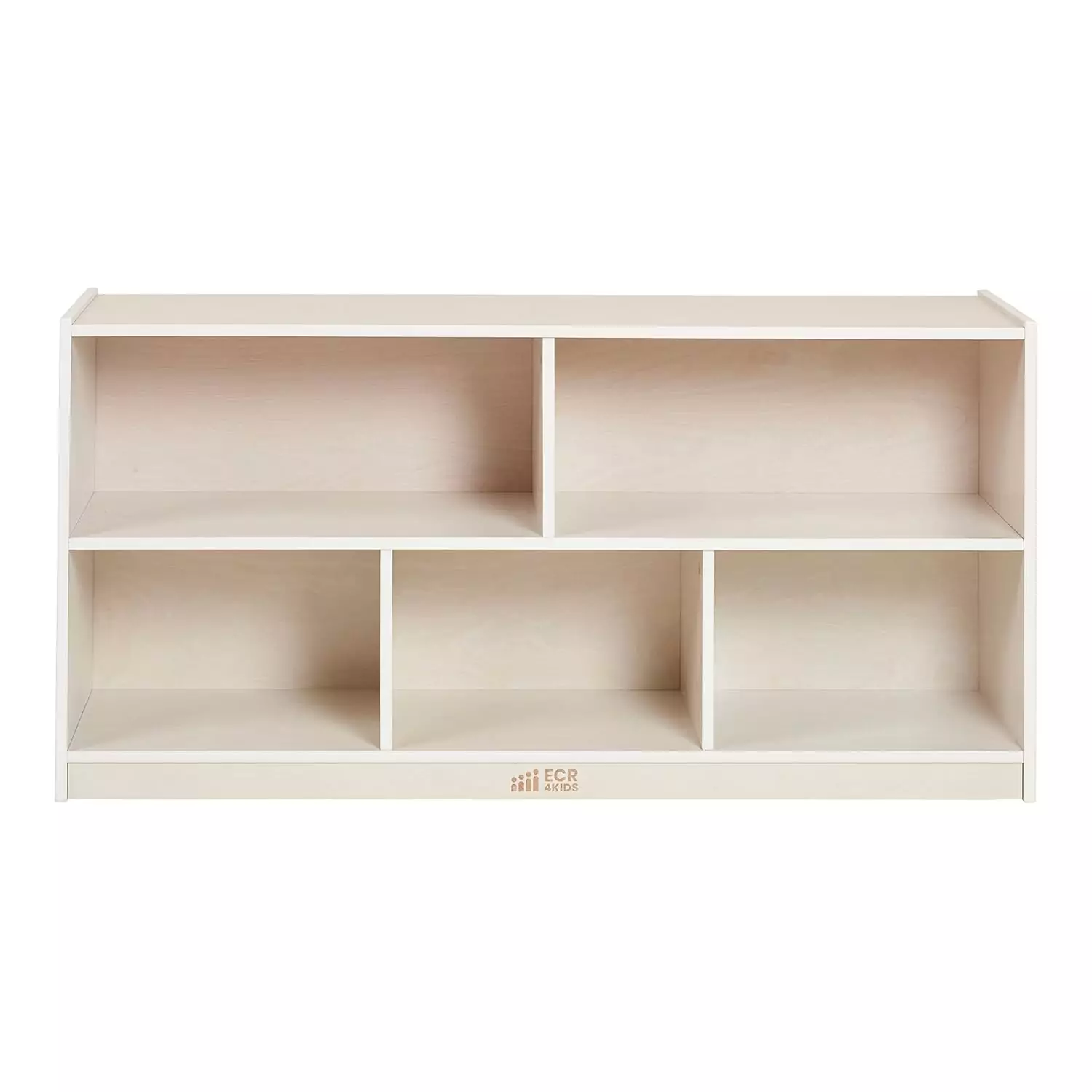 Mobile classroom organization with ECR4Kids 5-compartment shelving. 24-inch white wash cabinet ideal for efficient educational storage solutions.