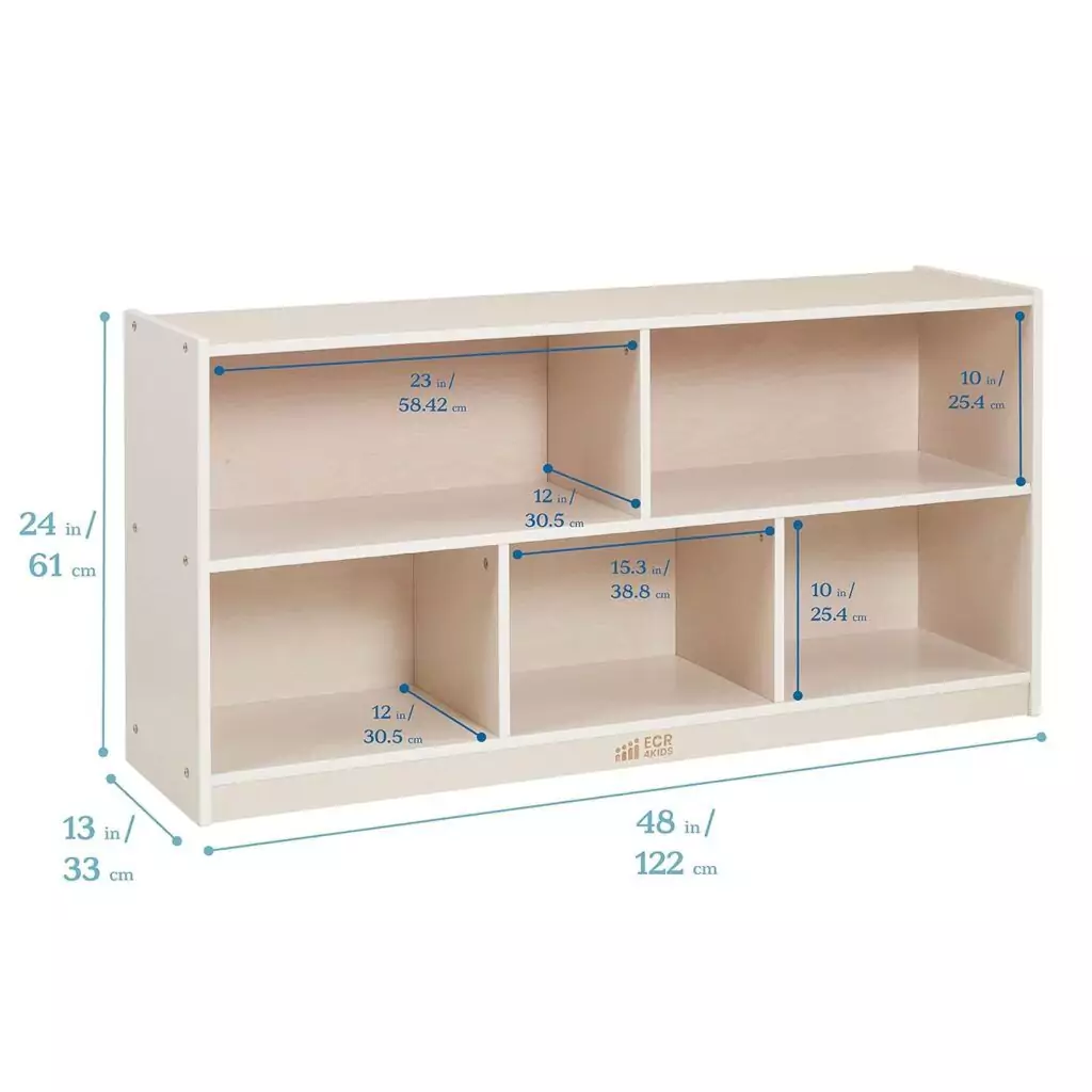 Optimize your learning space with our 24-inch white wash classroom shelving cabinet, featuring 5 spacious compartments for efficient organization.