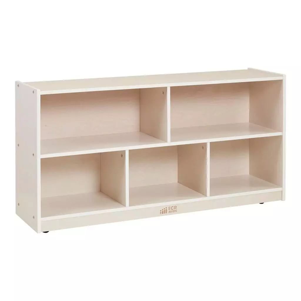 ECR4Kids Mobile Classroom Shelving Cabinet with 5 Compartments in White Wash, 24in. Perfect for Organized Learning and Classroom Storage Needs.