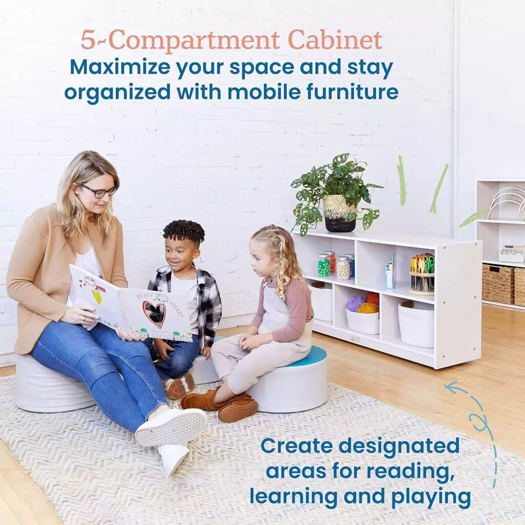 Optimized learning spaces with the ECR4Kids mobile classroom shelving cabinet, featuring a 5-compartment design, 24-inch size, in a white wash finish.