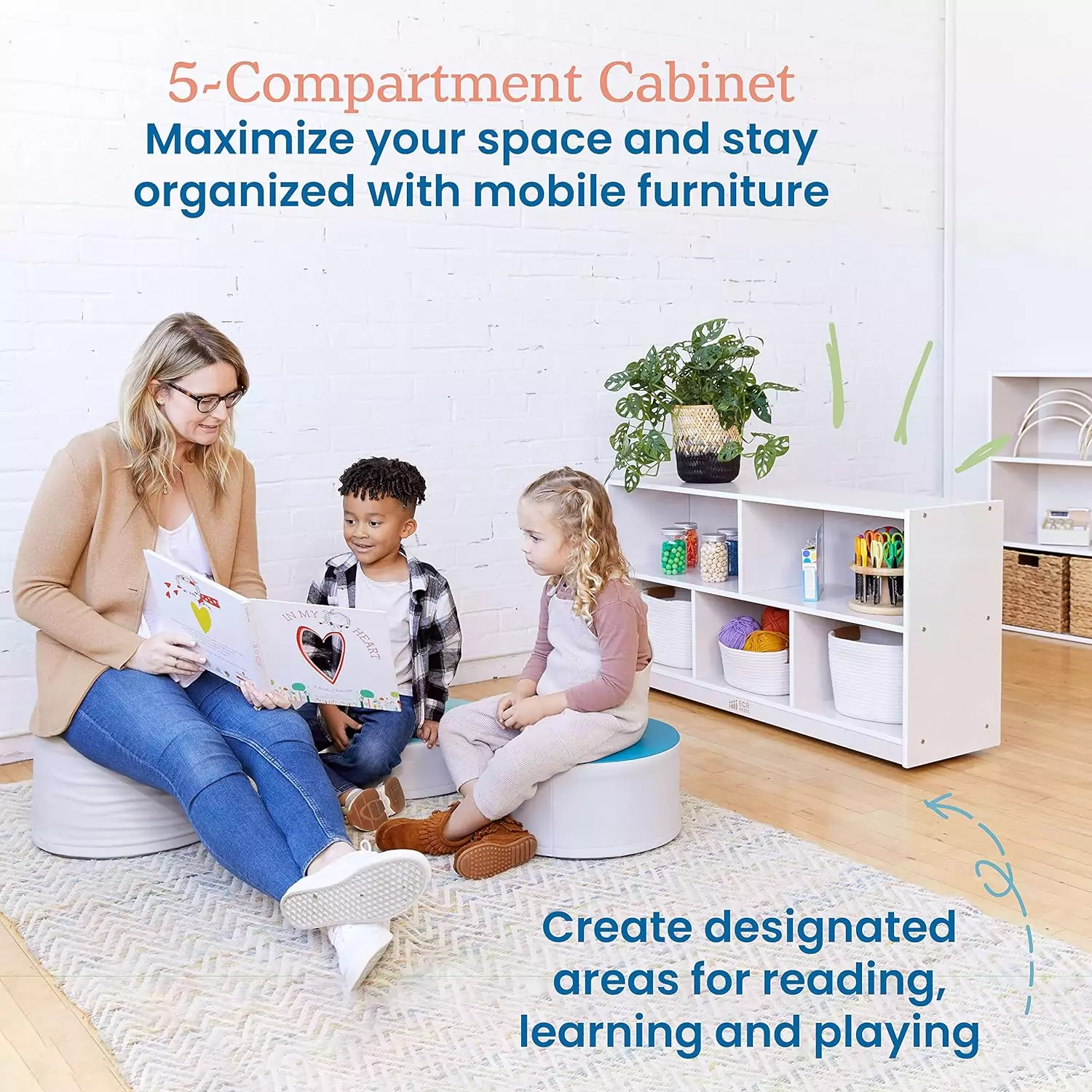 Optimized learning spaces with the ECR4Kids mobile classroom shelving cabinet, featuring a 5-compartment design, 24-inch size, in a white wash finish.