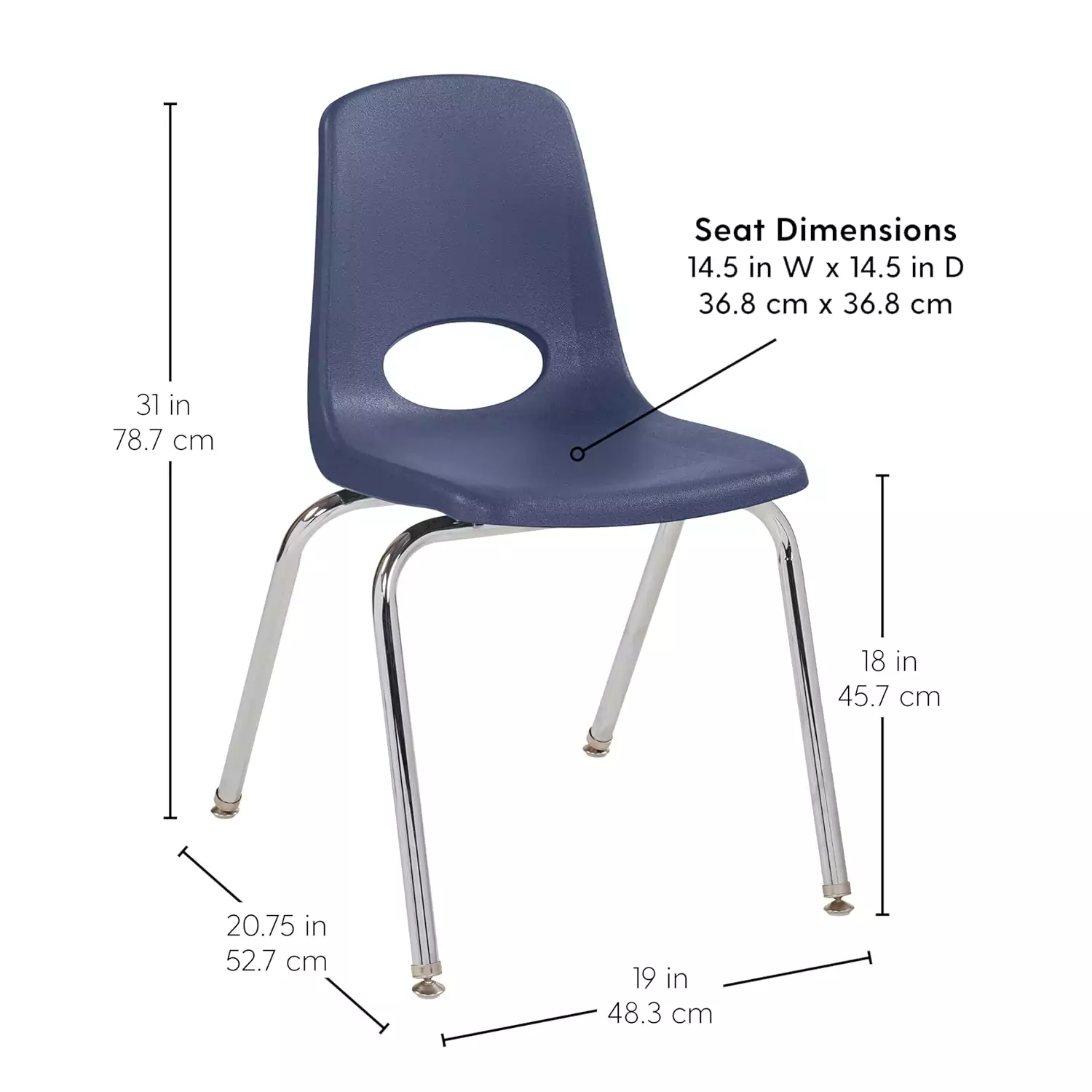 18-inch durable stacking chair, perfect for modern classrooms, ensures comfort and support for students, enhancing learning environments.