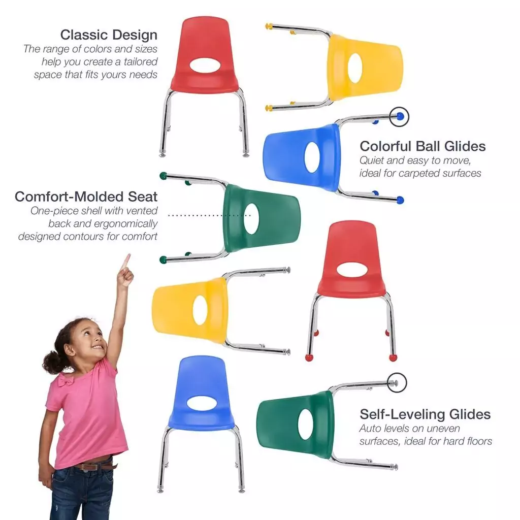 Colorful 18-inch stacking chair designed for schools, featuring durable chromed steel construction, perfect for classroom seating for students.