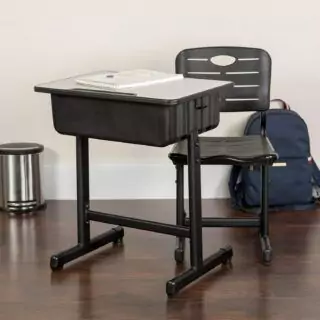 Versatile student desk and chair set designed for classroom and remote learning, offering adjustable features for optimal comfort and convenience.