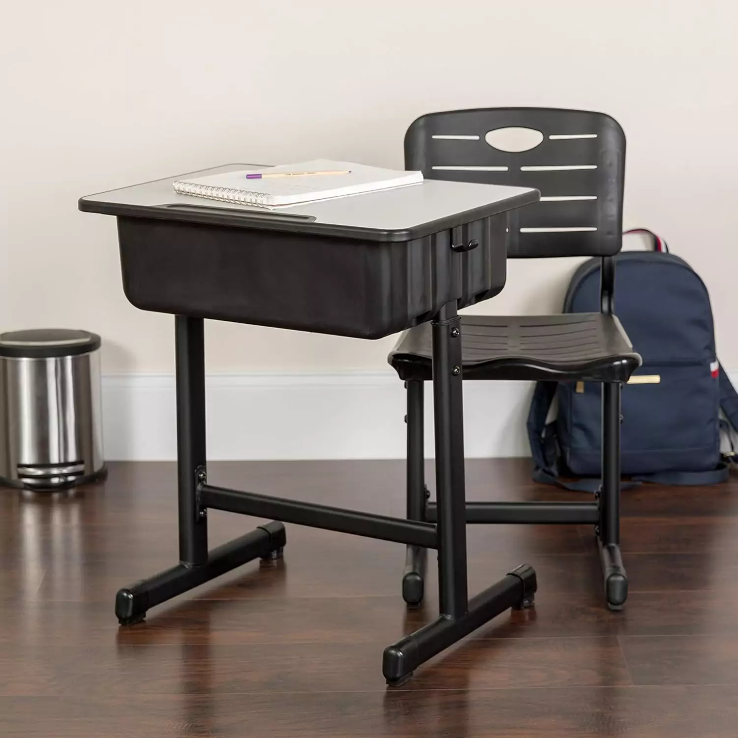 Versatile student desk and chair set designed for classroom and remote learning, offering adjustable features for optimal comfort and convenience.