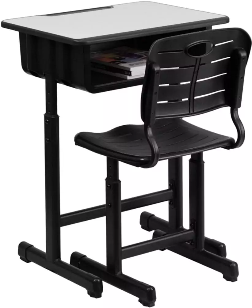 Ergonomically designed adjustable student desk and chair set for enhanced comfort and productivity in classroom or remote learning environments.