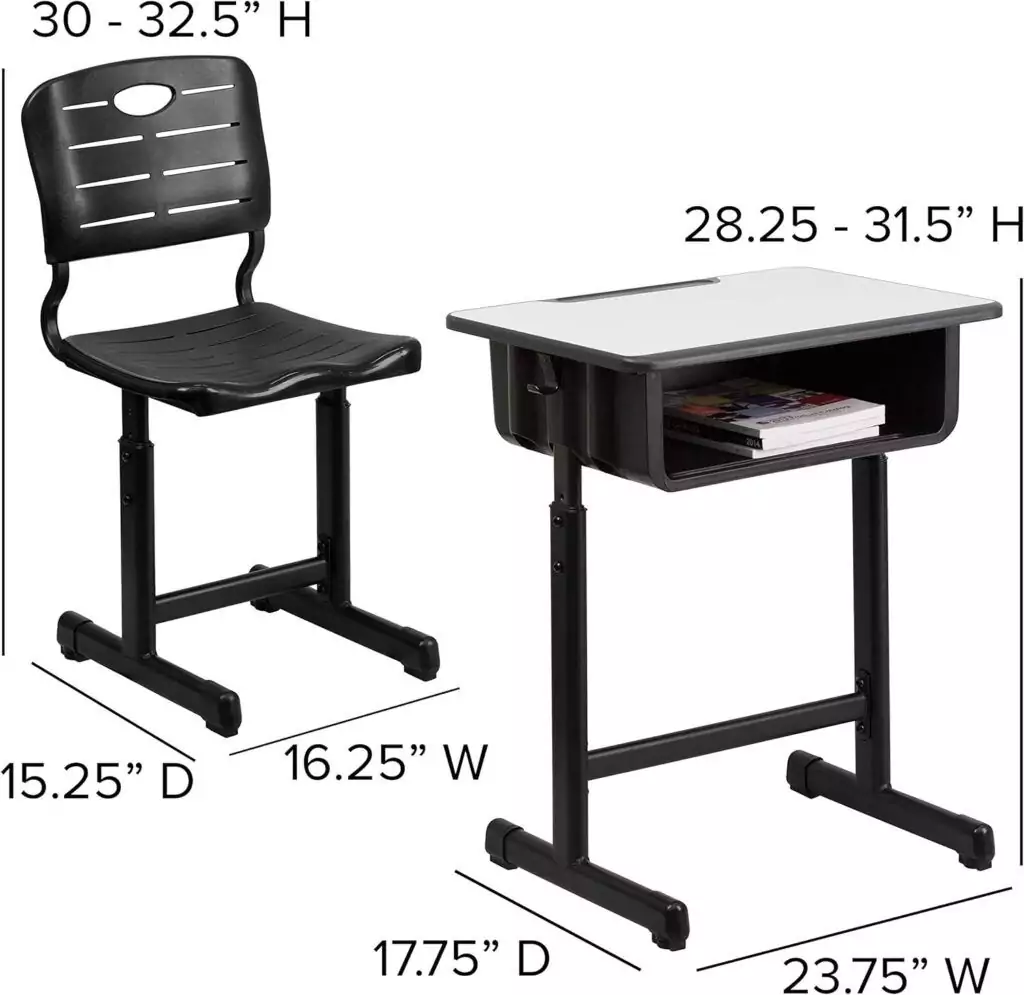 Ergonomic student desk and chair set, perfect for classrooms or remote learning, offering adjustable height for comfortable study sessions.
