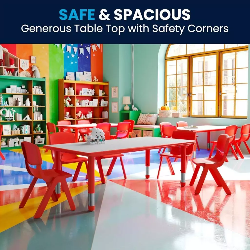 Red Classroom Activity Table by Flash Furniture Wren, adjustable size 23.625W x 47.25L, ideal for versatile use in educational environments.