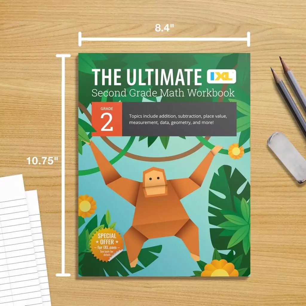 IXL 2nd Grade Math Workbook features engaging addition and subtraction exercises with a vibrant, colorful cover designed to capture children's interest.