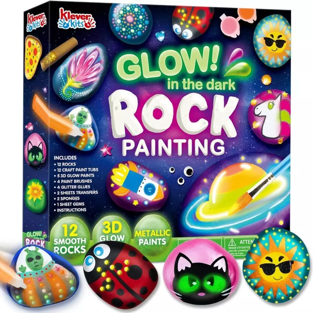 Explore the Joyin Glow in the Dark Rock Painting Kit for Kids, featuring vibrant colors and imaginative designs for hours of creative fun.