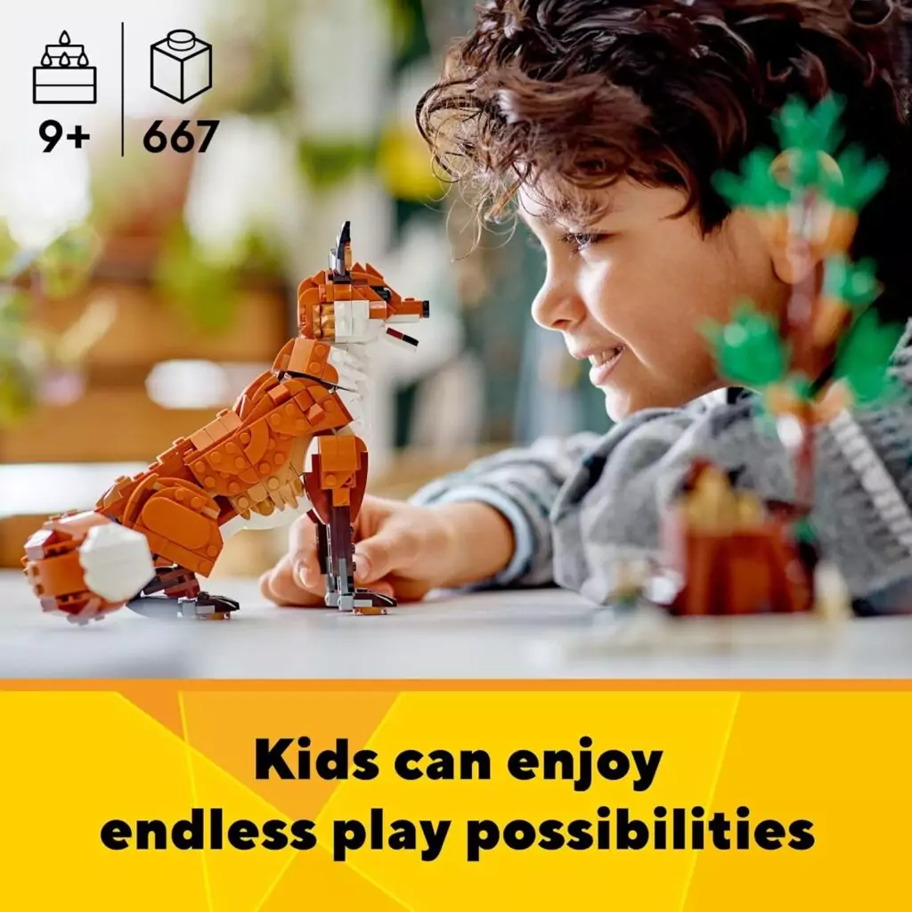 LEGO Creator Forest Animals set features a 3-in-1 build: Red Fox, playset for kids enhancing creativity and educational fun through building toys.