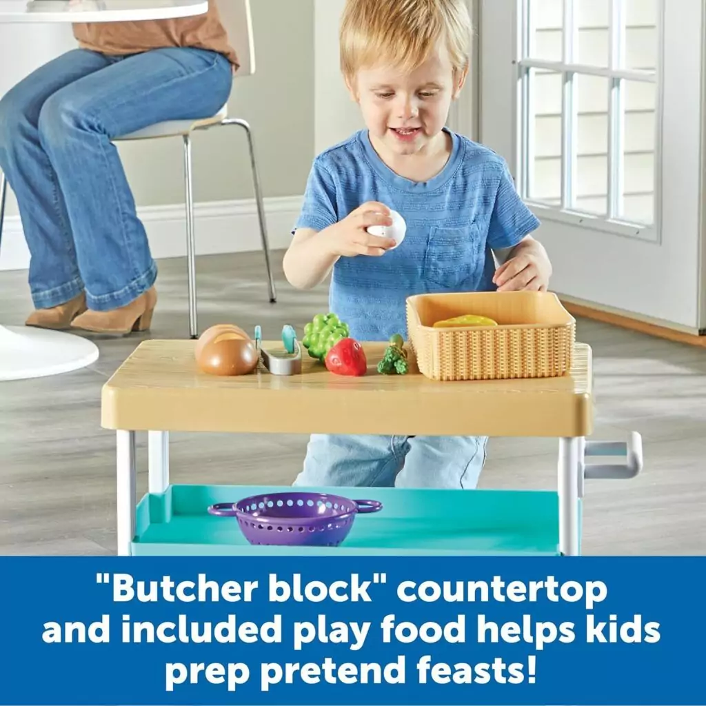 Enhance imaginative play with the 11-piece New Sprouts Kitchen Island Set, perfect for early learning and pretend cooking activities.