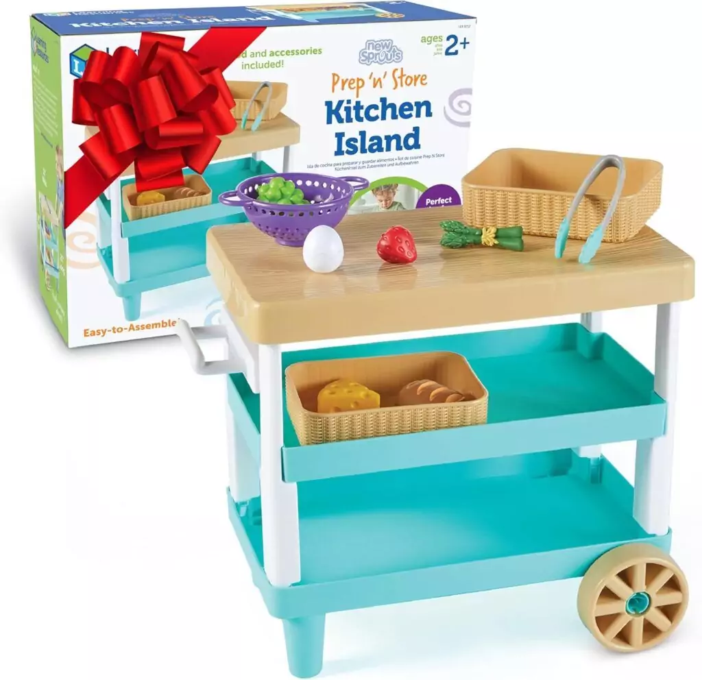 Enhance playtime learning with the 11-piece New Sprouts Pretend Play Kitchen Island Set, designed for interactive and educational fun.