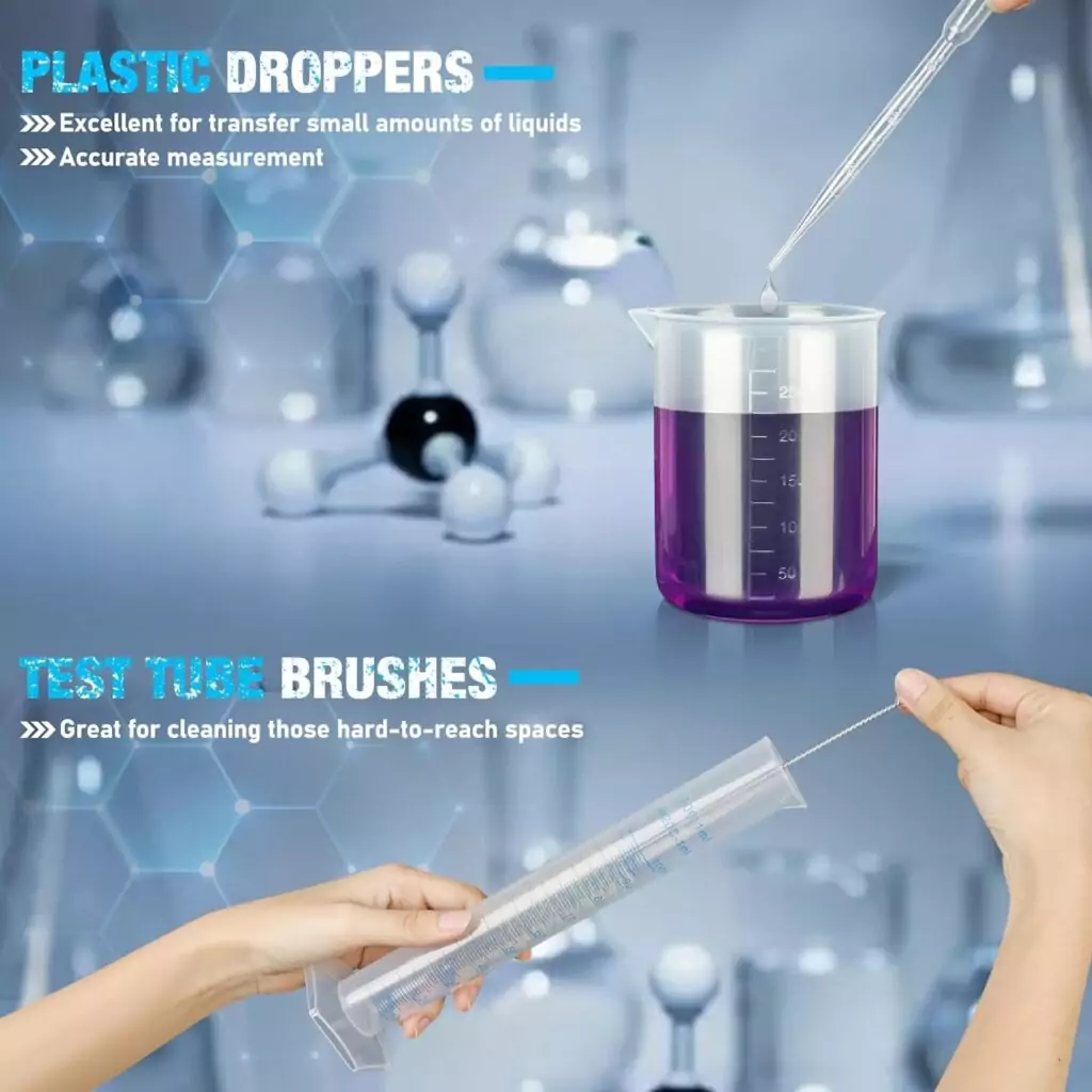 Laboratory essentials set with pipettes, graduated cylinders, and beakers; ideal for precise scientific experiments and accurate measurements.