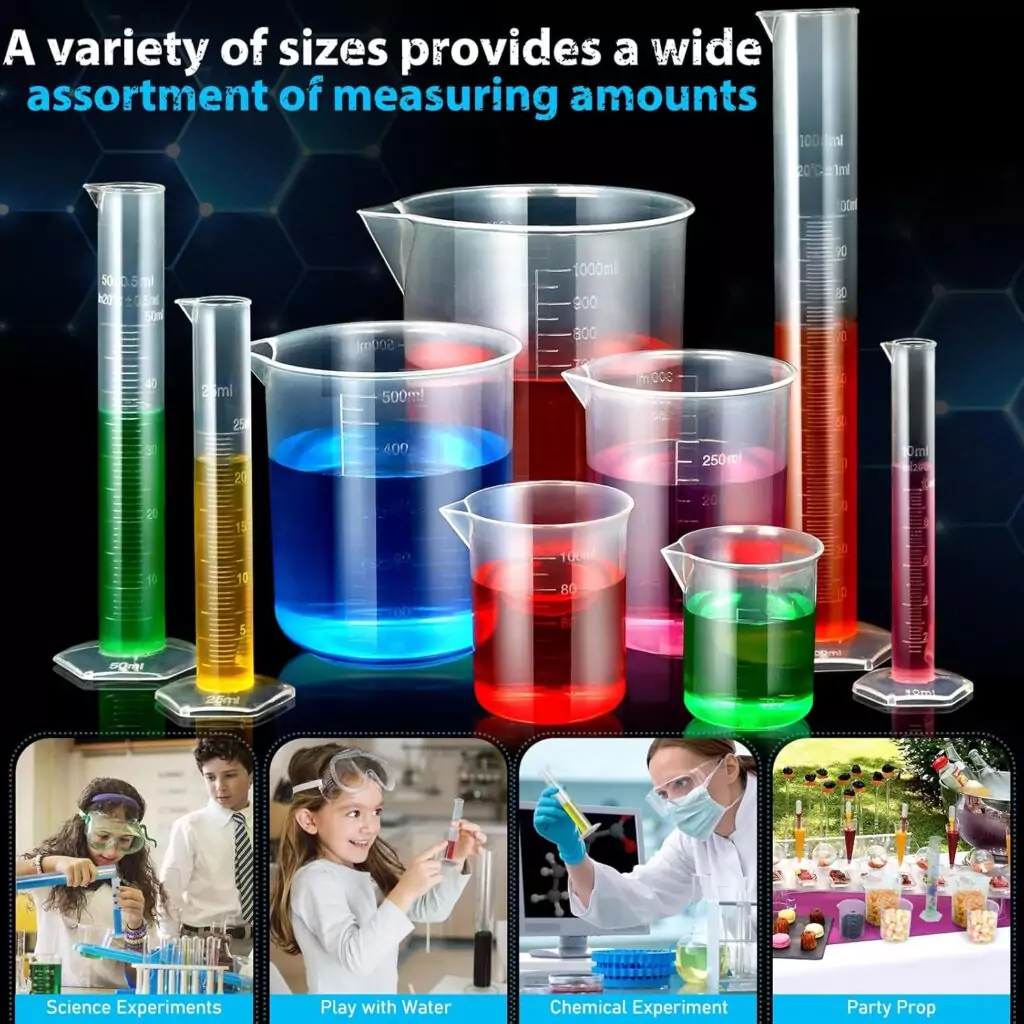 Comprehensive lab equipment set featuring pipettes, plastic graduated cylinders, and beakers for accurate and efficient scientific measurements.