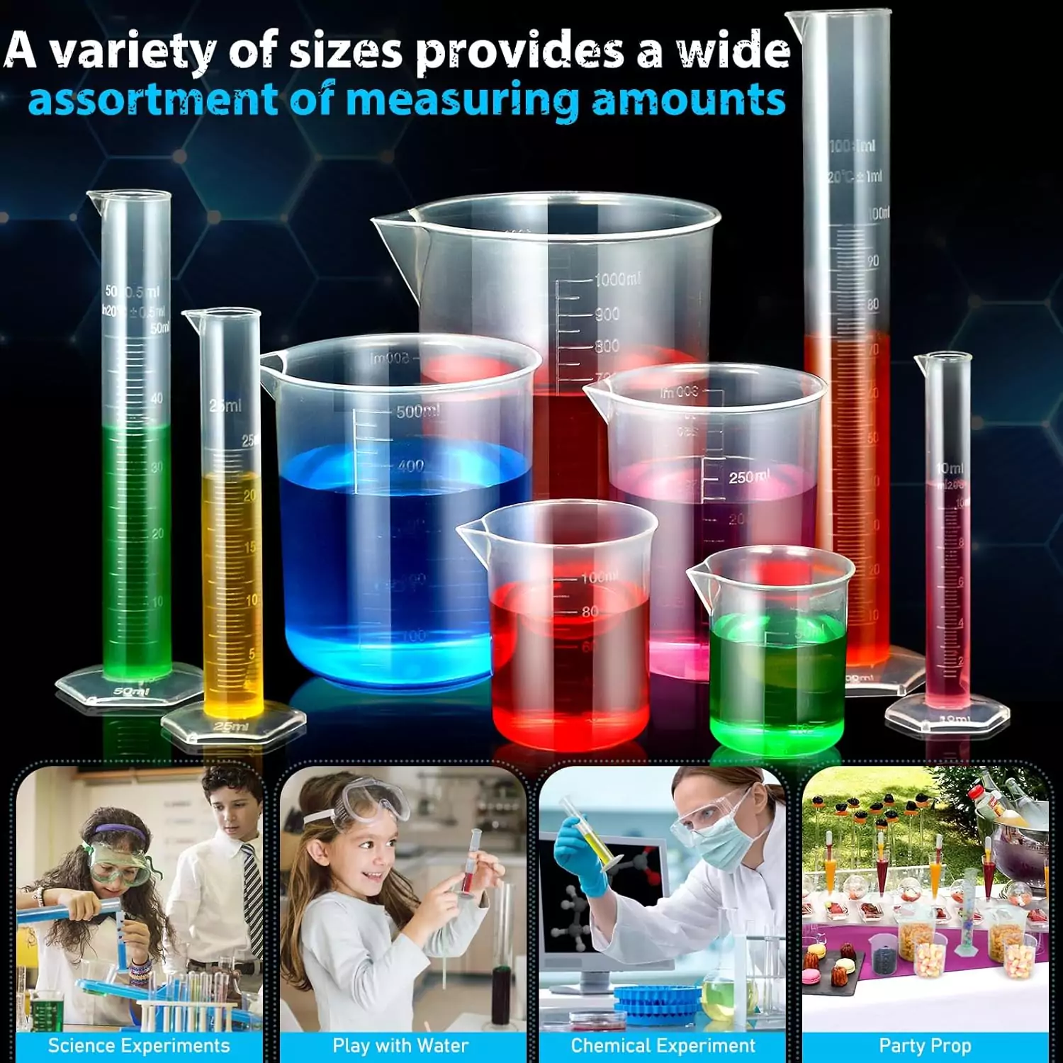 Comprehensive lab equipment set featuring pipettes, plastic graduated cylinders, and beakers for accurate and efficient scientific measurements.
