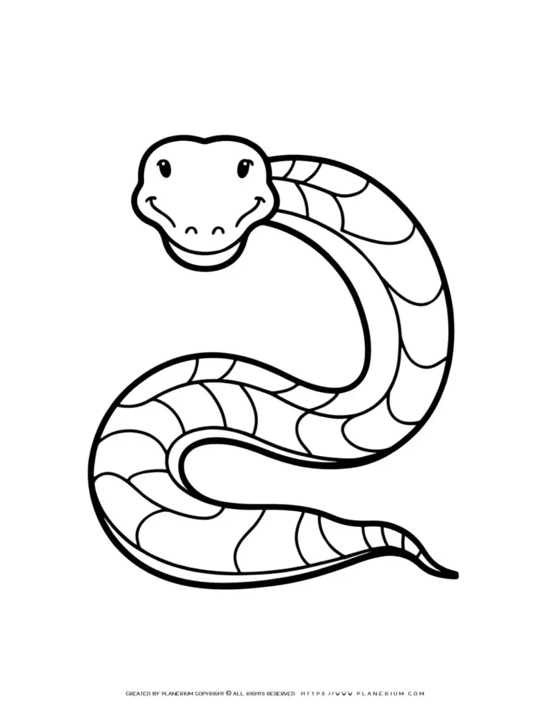 Coloring page featuring a playful snake outline with
  full-body comic-style design, perfect for children and adults who enjoy
  creative coloring activities.