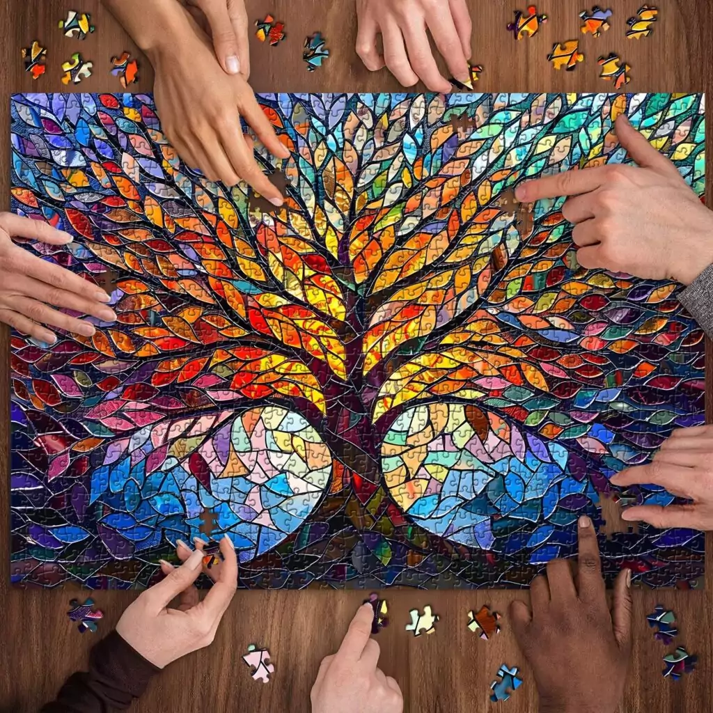Challenging 1000-piece puzzle featuring a stained glass tree of life design; perfect for adults seeking an engaging learning and relaxation activity.