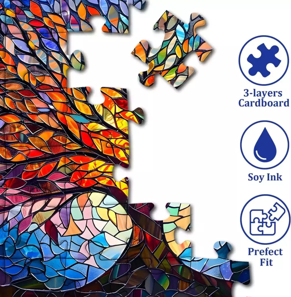Engage in a challenging 1000-piece puzzle for adults
featuring a stunning Tree of Life stained glass design with a captivating
forest theme.