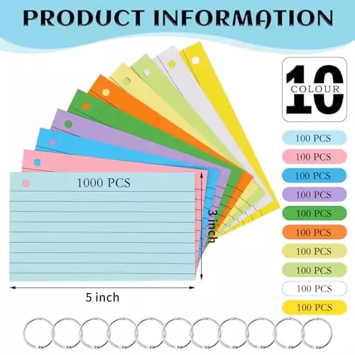 Colorful 3x5 Ruled Index Cards Ideal for Teachers' Classroom Organization