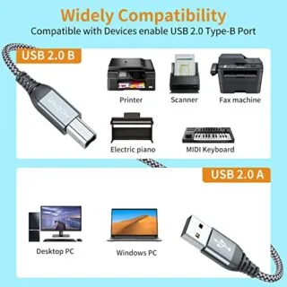 2-Pack 5ft High-Speed USB Printer Cable ideal for Classrooms: Durable, Efficient, Reliable Connectivity for Printers and Other Devices.