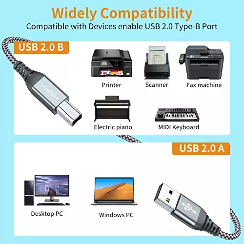 2-Pack 5ft High-Speed USB Printer Cable ideal for Classrooms: Durable, Efficient, Reliable Connectivity for Printers and Other Devices.