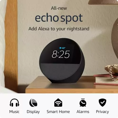 2024 Amazon Echo Spot: Enhance your desk with the smart alarm clock featuring Alexa for vibrant audio, perfect for an educator's setup.