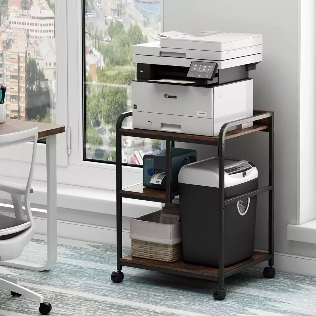 Mobile printer stand on wheels designed for home office and educators, featuring a 22x18 inch storage table for convenient organization.