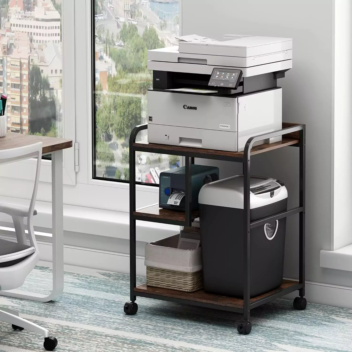 Mobile printer stand on wheels designed for home office and educators, featuring a 22x18 inch storage table for convenient organization.