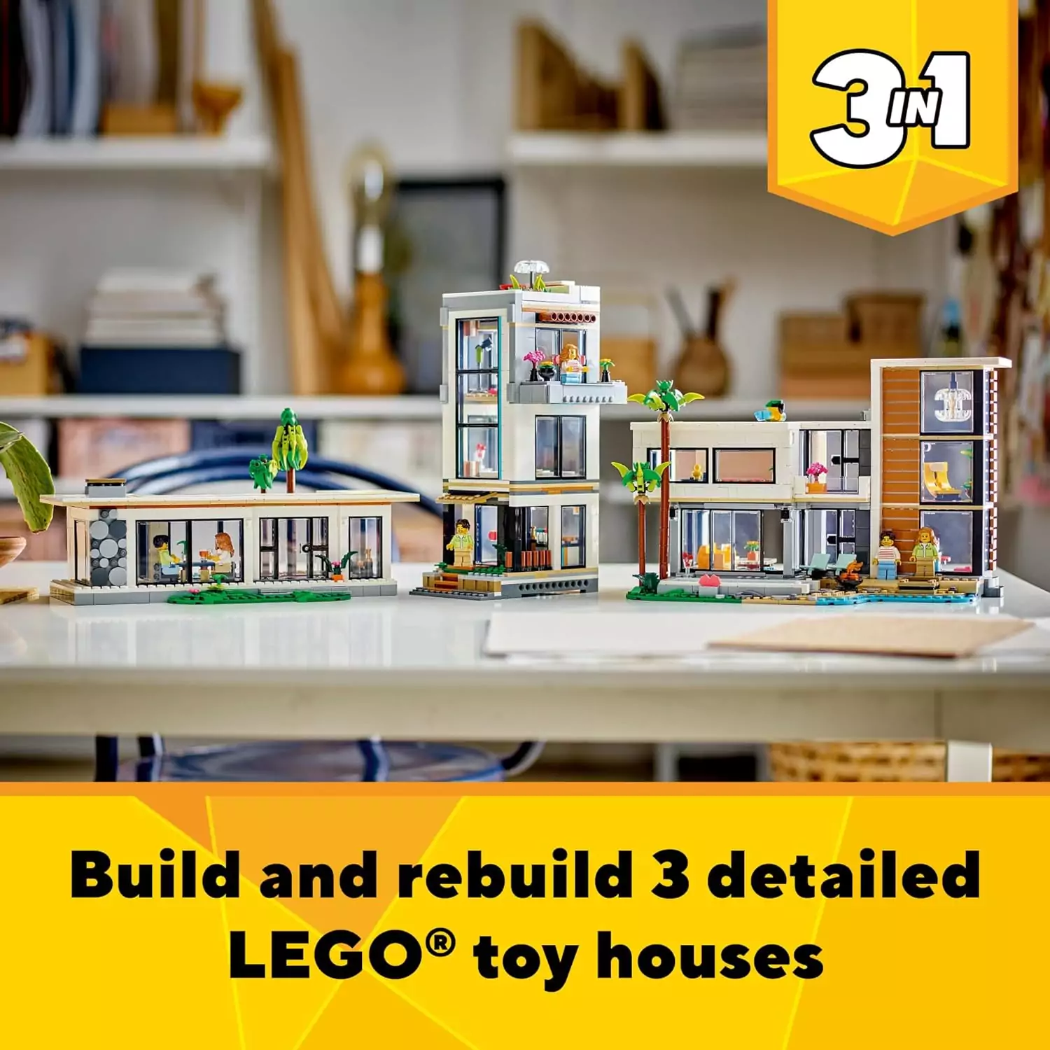 Explore creative learning with the LEGO Creator 3-in-1 set, featuring a versatile 3-story city building and a detailed forest cabin model.