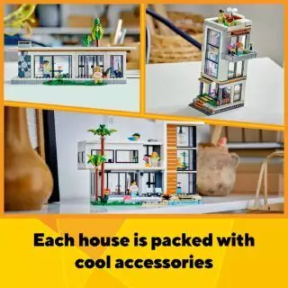 LEGO Playset featuring a 3-story city building and a forest cabin designed for imaginative play and creative learning experiences.