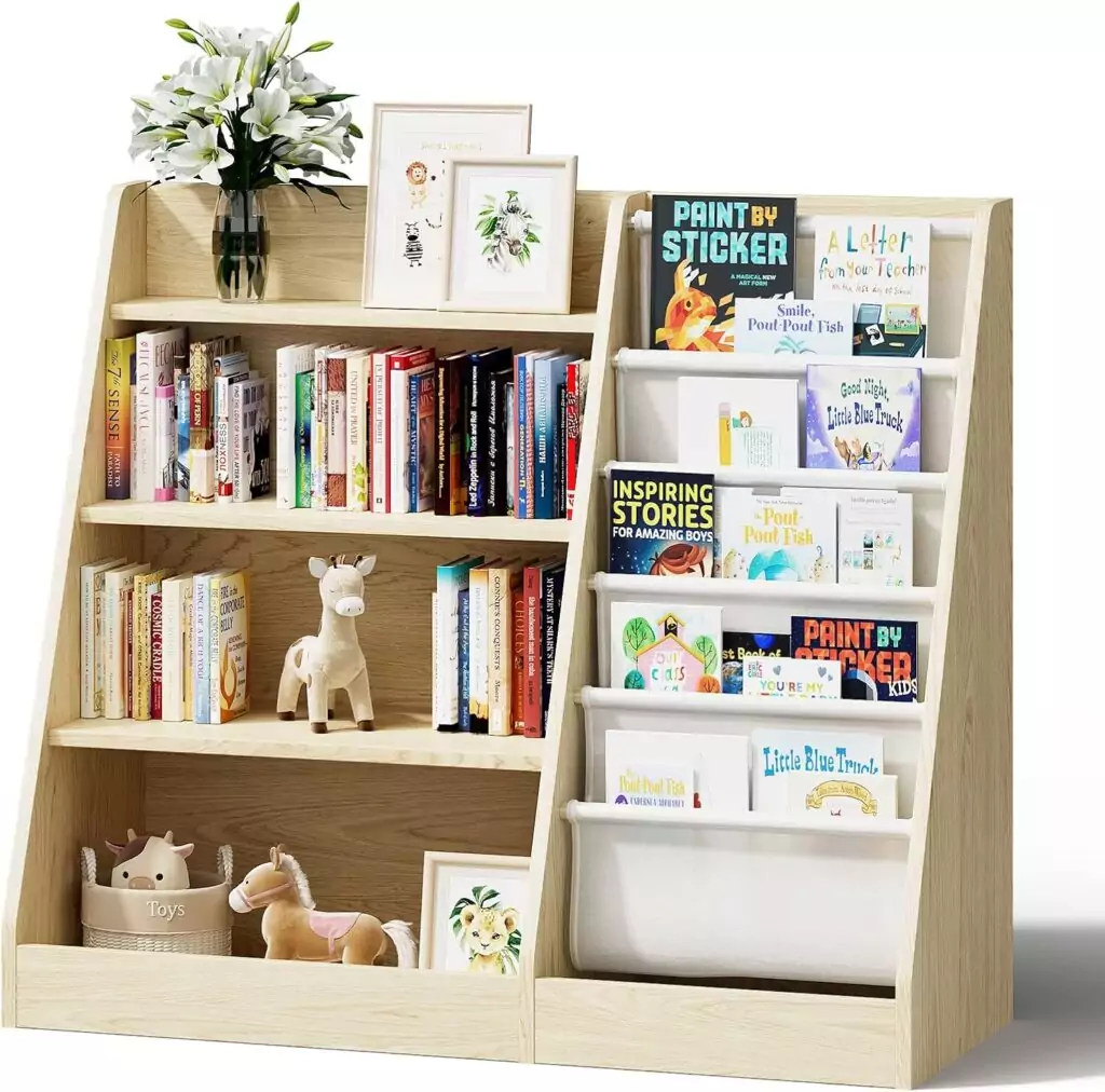 4-Tier Wooden Bookshelf for Kids with 5-Sling Layers: Ideal for Classroom Storage and Organizing Toys, Encouraging Reading and Neat Spaces