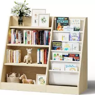 4-Tier Wooden Bookshelf for Kids with 5-Sling Layers: Ideal for Classroom Storage and Organizing Toys, Encouraging Reading and Neat Spaces