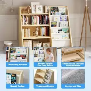 Colorful 4-tier wooden kids bookshelf with sling bookcase, ideal for classroom organization and toy storage, enhancing children's reading space.