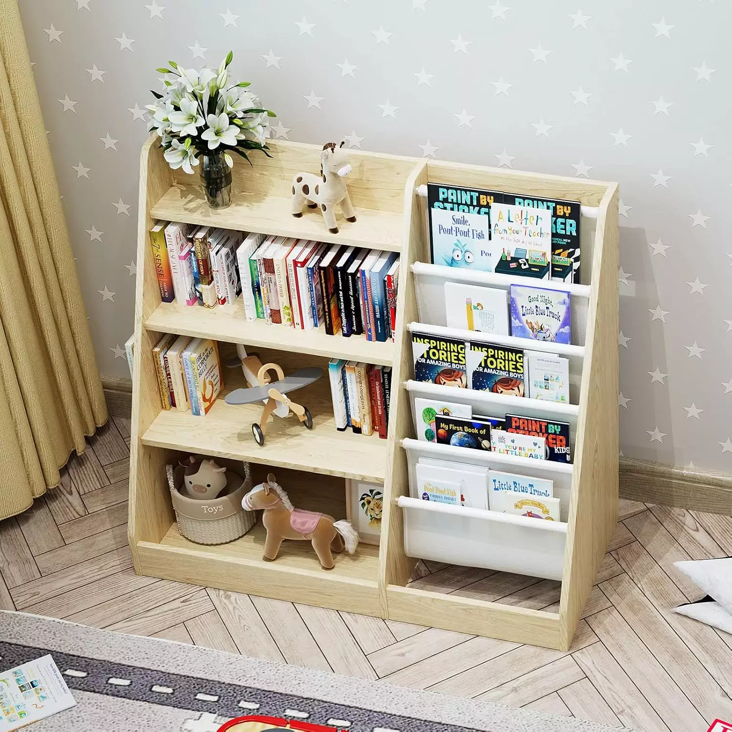 4-Tier Wooden Kids Bookshelf and 5-Layer Sling Bookcase Organizer ideal for classroom storage, promoting tidy spaces and easy access to books and toys.