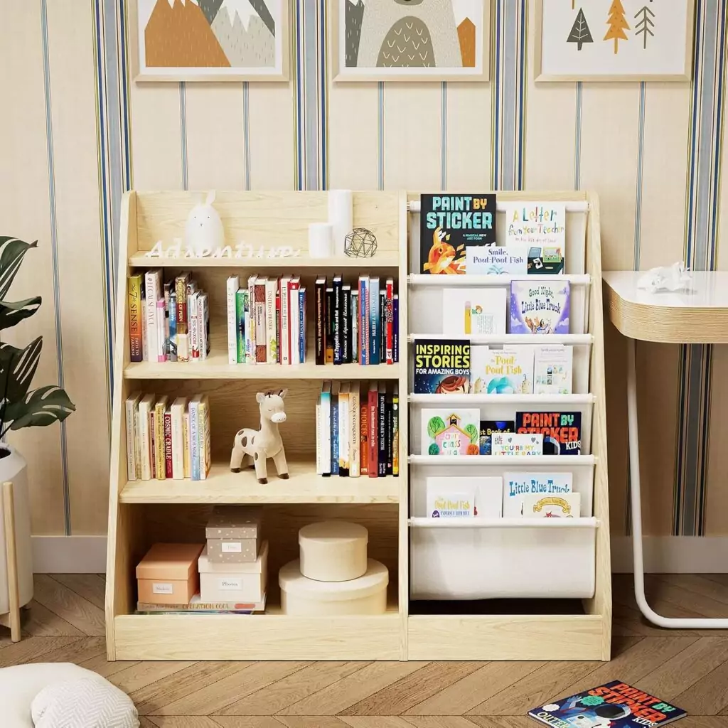 Kids Wooden Bookshelf: 4-Tier, 5-Layer Sling Bookcase for Classroom and Playroom, Perfect for Toy Storage and Organizing Children's Books