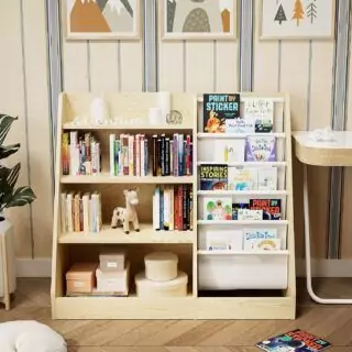 Kids Wooden Bookshelf: 4-Tier, 5-Layer Sling Bookcase for Classroom and Playroom, Perfect for Toy Storage and Organizing Children's Books