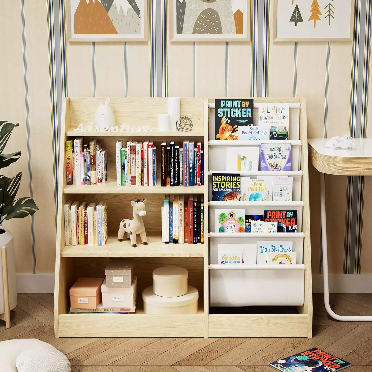 Kids Wooden Bookshelf: 4-Tier, 5-Layer Sling Bookcase for Classroom and Playroom, Perfect for Toy Storage and Organizing Children