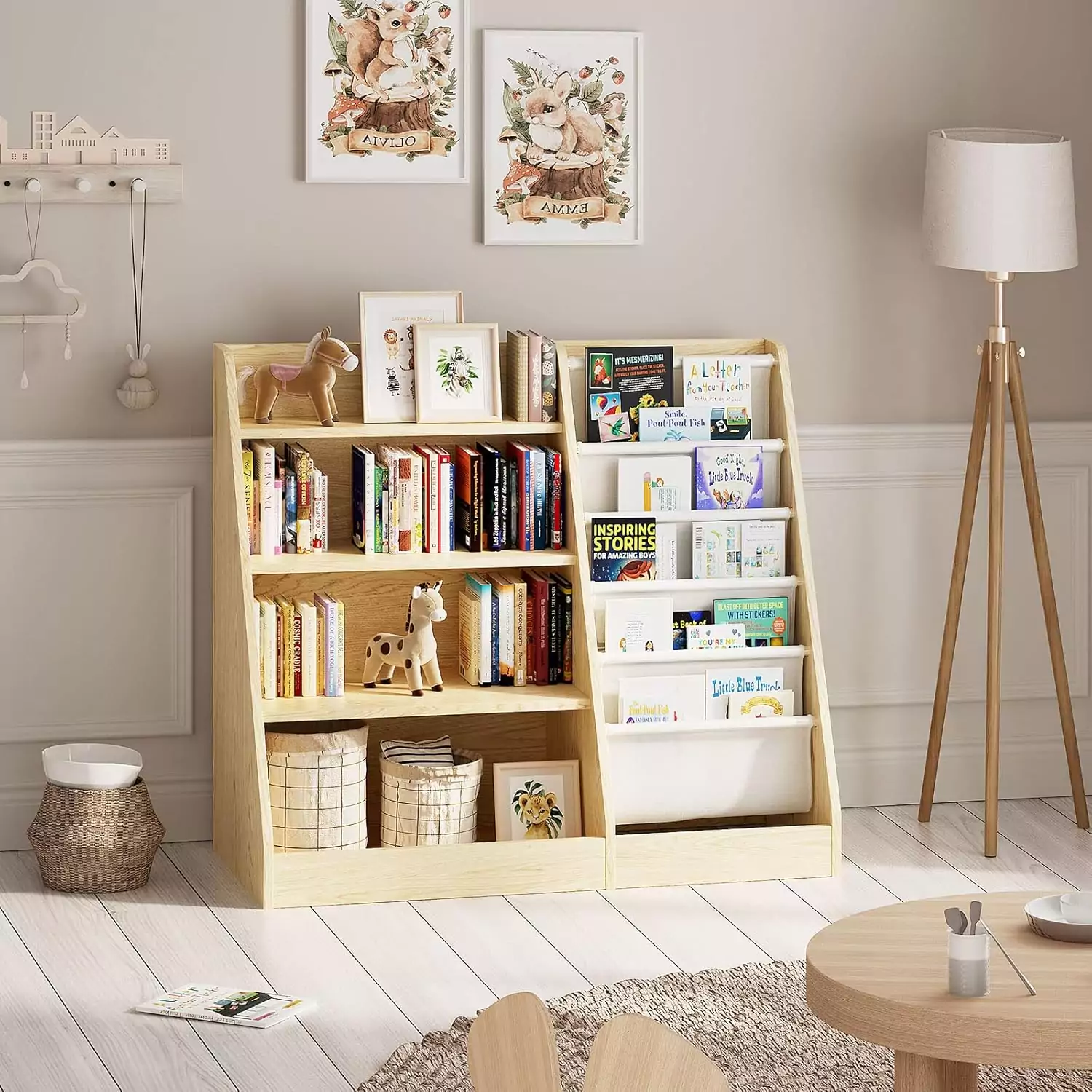 4-Tier Kids Wooden Bookshelf: Perfect Classroom Sling Bookcase and Toy Storage Organizer for Efficient Space Management