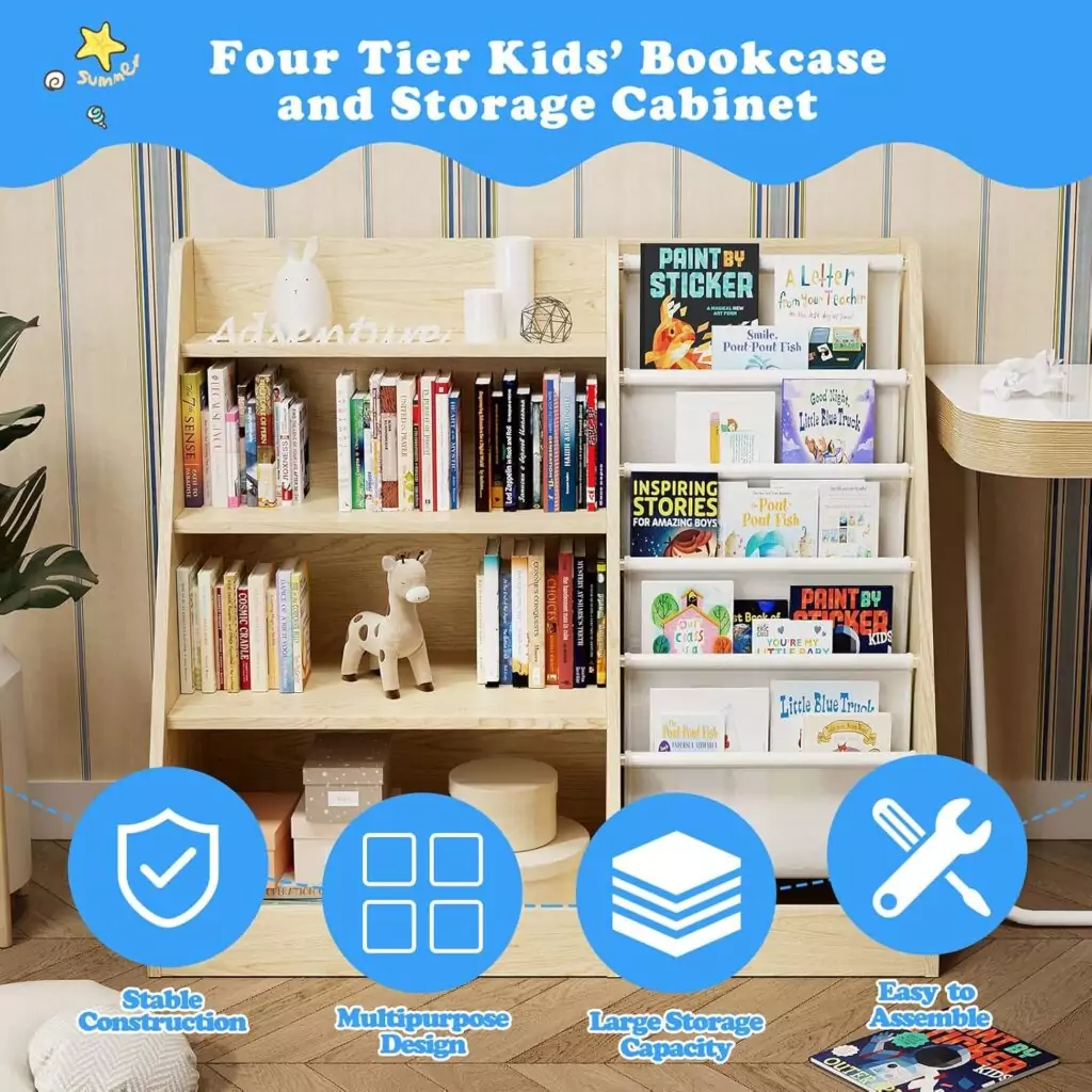 Wooden 4-tier kids bookshelf and classroom sling bookcase with integrated toy storage organizer, ideal for enhancing children's room organization.