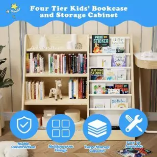 Wooden 4-tier kids bookshelf and classroom sling bookcase with integrated toy storage organizer, ideal for enhancing children's room organization.