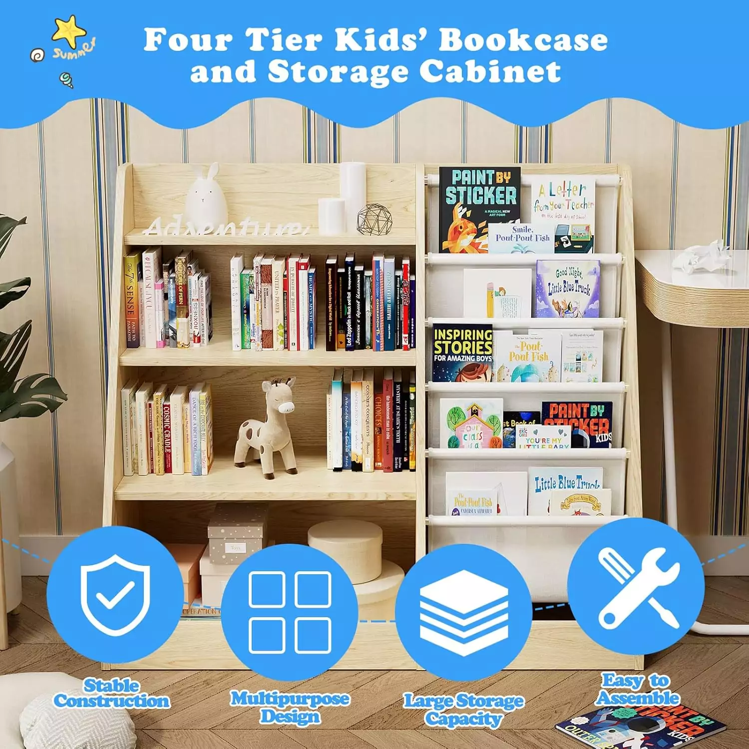 Wooden 4-tier kids bookshelf and classroom sling bookcase with integrated toy storage organizer, ideal for enhancing children