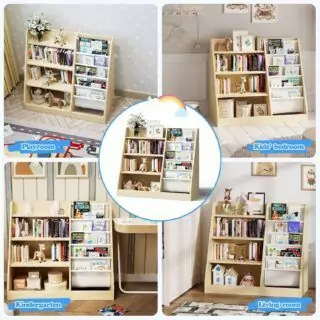 Wooden bookshelf with four tiers designed for kids' classrooms, perfect for organizing books and toys, enhances learning and play spaces.
