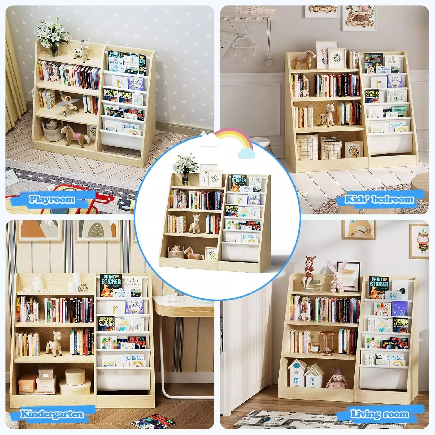 Wooden bookshelf with four tiers designed for kids
