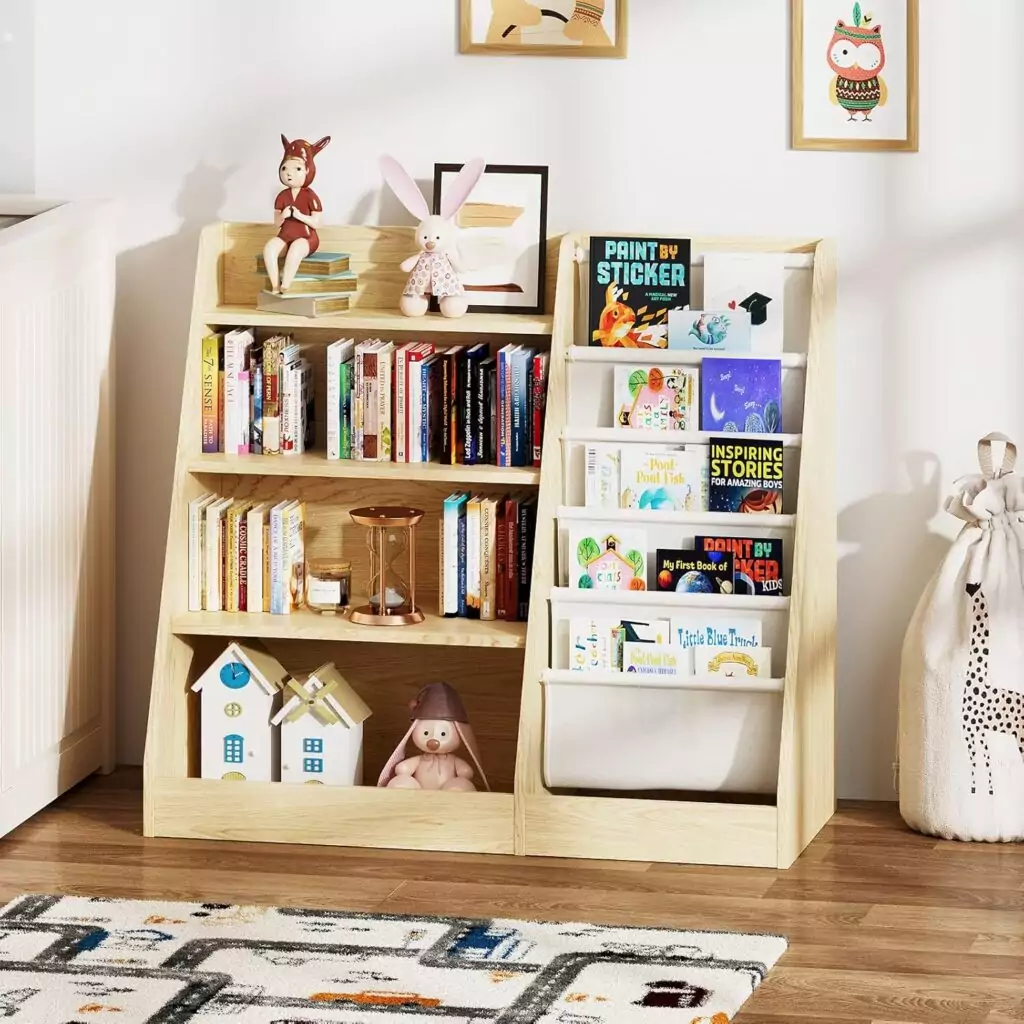 Vibrant 4-tier wooden bookshelf and toy storage for kids, designed to organize books and toys efficiently and stylishly in any children's room.