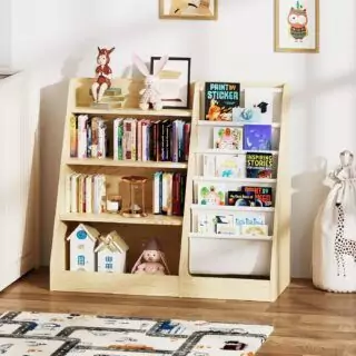 Vibrant 4-tier wooden bookshelf and toy storage for kids, designed to organize books and toys efficiently and stylishly in any children's room.