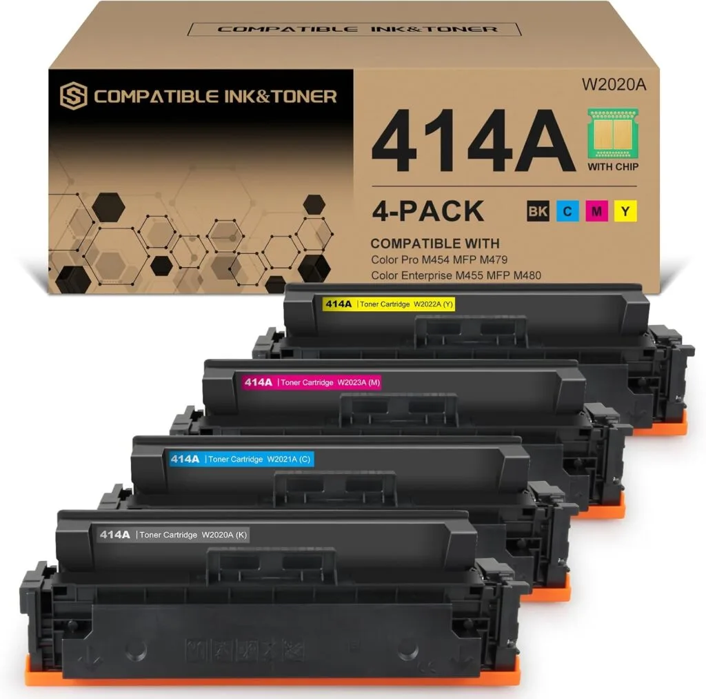 High-Yield 4-Pack Toner Cartridges with Chip for Color Pro MFP M479 M454, Ideal for Classroom Setup and Enhanced Print Quality.