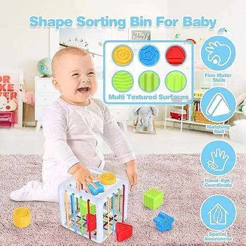 Montessori baby toys set features a 5-in-1 soft teething sensory bin, ideal for early learning and development through colorful, interactive play.