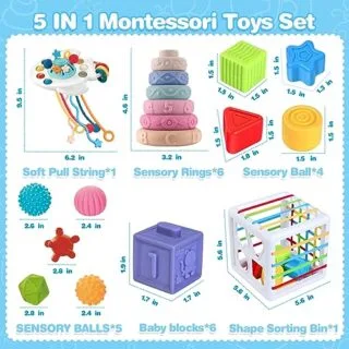 5-in-1 Montessori baby toys designed for sensory and teething development, offering interactive and educational playtime for infants.